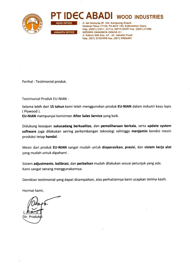 Signed testimonial letter from PT IDEC Abadi Wood Industries, Indonesia (original in Indonesian)