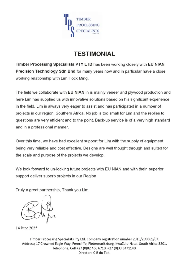 Signed testimonial letter from Timber Processing Specialists Pty Ltd, South Africa