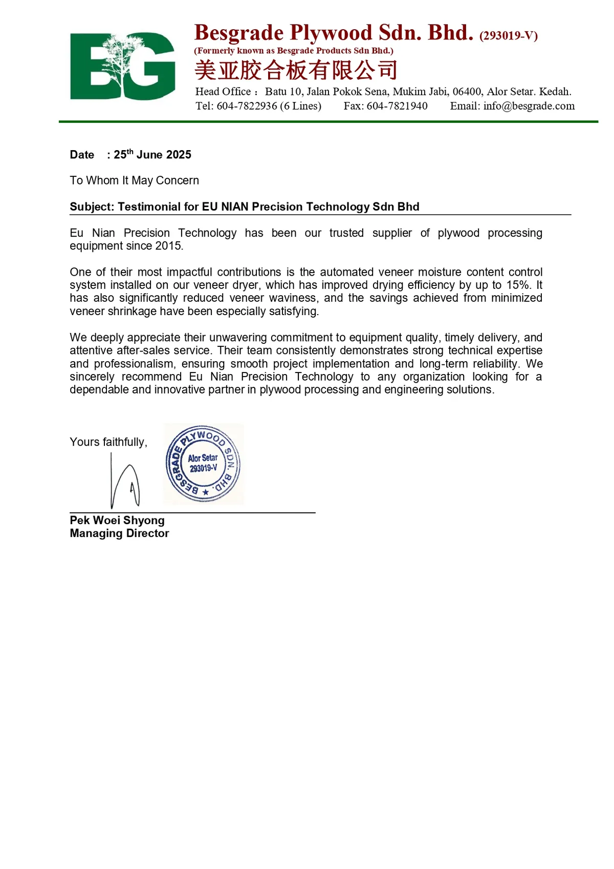 Testimonial letter from Besgrade Plywood Sdn. Bhd.