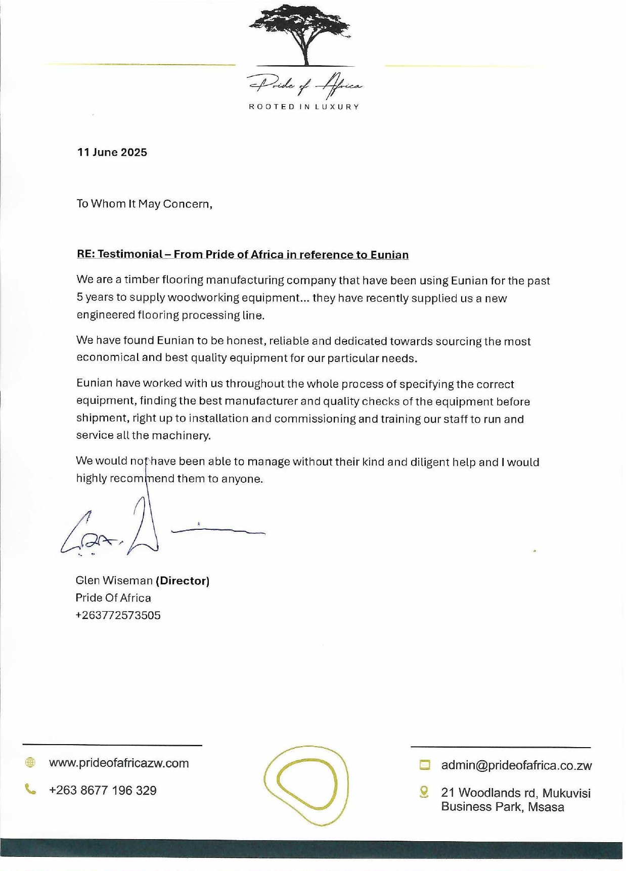 Signed testimonial letter from Pride of Africa Exports