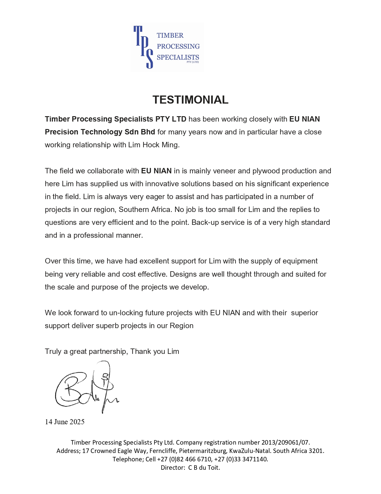 Signed testimonial letter from Timber Processing Specialists Pty Ltd
